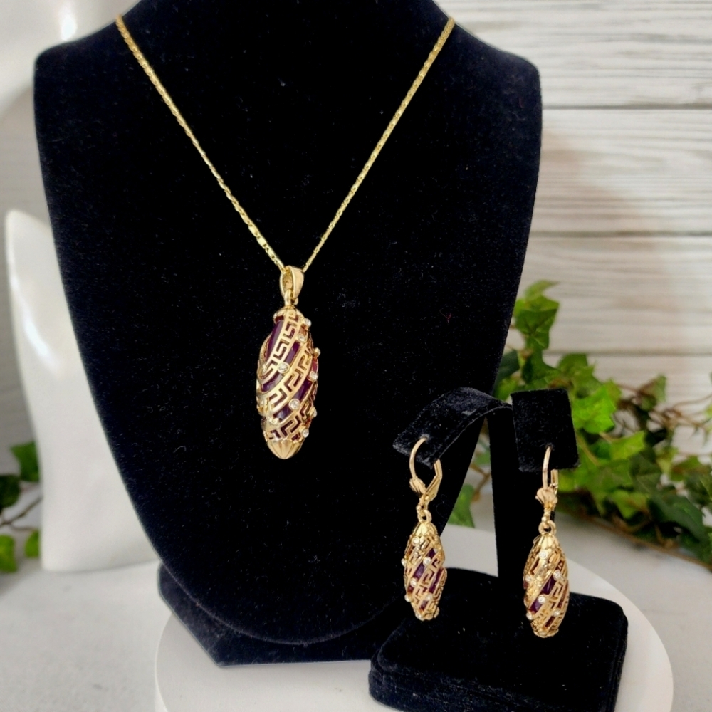 Gold and Purple Elongated Oval Pendant Necklace and Earrings Set Greek Key